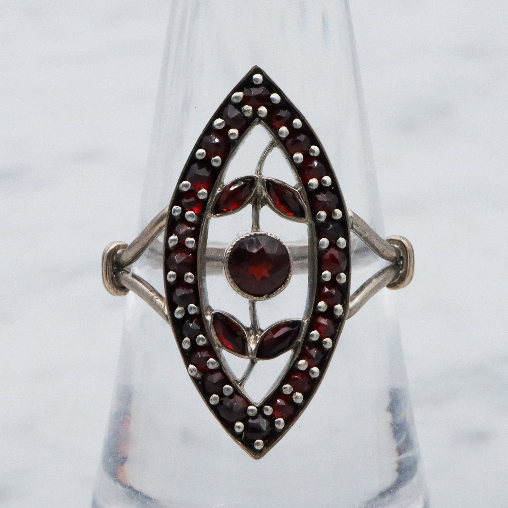 Antique sterling silver Bohemian rose cut garnet navette ring, sz 7.75